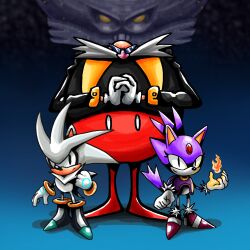 1girl 2boys animal_ears bald blaze_the_cat cat_ears chaotix99x death_egg eggman_nega facial_hair fire forehead_jewel gloves highres multiple_boys mustache own_hands_together parody pyrokinesis silver_the_hedgehog sonic_(series) sonic_rivals sonic_rush sonic_the_hedgehog_(classic) standing style_parody white_gloves 
