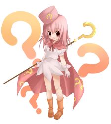  1girl 2000s_(style) ? benesse boots cape commentary fang full_body gloves hair_between_eyes hat hatena_yousei holding holding_wand kosumo medium_hair open_mouth orange_footwear pink_cape pink_hair pink_hat puffy_short_sleeves puffy_sleeves red_eyes rubber_boots shirt short_sleeves simple_background skirt smile solo wand white_background white_gloves white_shirt white_skirt 