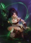 1girl black_hair bodypaint bone boots bracer breasts brown_boots cleavage earrings facial_mark feathers forehead_mark fur_trim glowing glowing_weapon hair_tie highres jewelry kneeling league_of_legends looking_at_viewer maomao midriff necklace nidalee polearm ponytail solo spear watermark weapon yellow_eyes 
