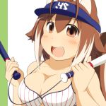  1girl absurdres animal_ears baseball_bat blazblue blush bra breasts brown_hair cleavage highres large_breasts looking_at_viewer makoto_nanaya mirano open_mouth short_hair smile solo squirrel_ears squirrel_tail tail underwear visor_cap 