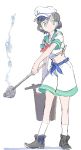  1girl black_hair bucket colored full_body green_hair hat ladle looking_to_the_side midriff motsuni_(artist) murasa_minamitsu outstretched_arm ribbon sailor_collar sailor_hat sash shirt short_hair short_sleeves shorts simple_background sketch socks solo touhou water white_background white_legwear 