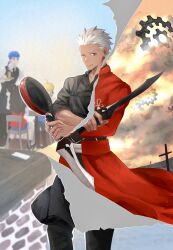  1girl 2boys ahoge apron archer_(fate) artoria_pendragon_(fate) black_apron black_necktie black_vest chair commentary_request cu_chulainn_(fate) cu_chulainn_(fate/stay_night) fate/stay_night fate_(series) frying_pan gears highres holding holding_frying_pan holding_sword holding_tray holding_weapon kanshou_&amp;_bakuya_(fate) multiple_boys necktie one_eye_closed renkon_eko revealing_layer saber_(fate) sitting smile sword tohsaka_rin tray unlimited_blade_works_(reality_marble) vest waiter weapon 