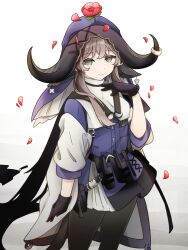  1girl arknights aza_nonoka black_gloves black_horns black_pantyhose brown_hair closed_mouth commentary cowboy_shot dress flower flower_on_head gloves green_eyes grey_background hand_on_own_chest hand_up highres horns long_hair looking_at_viewer pallas_(arknights) pantyhose petals purple_dress red_flower red_rose rose rose_petals short_dress smile solo standing white_background 