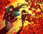  2boys autumn autumn_leaves black_hair blue_eyes blurry depth_of_field from_above haori horikawa_kunihiro izumi-no-kami_kanesada japanese_clothes leaf male_focus multiple_boys open_mouth ot-nm shinsengumi smile touken_ranbu walking 