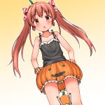  1girl bare_shoulders blush brown_eyes brown_hair commentary_request faubynet hair_ribbon halloween halloween_costume highres jack-o&#039;-lantern kantai_collection libeccio_(kantai_collection) long_hair looking_at_viewer open_mouth pumpkin_skirt ribbon sleeveless solo twintails 