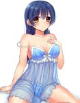  1girl blue_hair blush breasts cleavage long_hair looking_at_viewer love_live!_school_idol_project mashu_003 nightgown panties see-through solo sonoda_umi strap_slip underwear yellow_eyes 