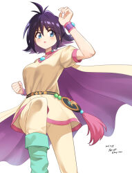  1girl amelia_wil_tesla_seyruun aqua_footwear artist_name belt black_belt black_hair blue_eyes blush boots bracelet breasts cape clenched_hand dated dress jewelry looking_to_the_side medium_breasts parted_lips purple_cape sarasa_(kanbi) short_hair simple_background slayers solo two-tone_cape white_background yellow_cape yellow_dress 