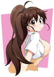  1girl absurdres apron blush_stickers breasts brown_eyes brown_hair highres kazenoko long_hair ponytail pout solo taneshima_popura waitress working!! 