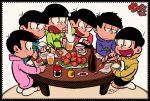  &gt;_&lt; 6+boys adjusting_clothes artist_name beer_mug black_border black_hair border brothers choromatsu closed_eyes copyright_name eating heart heart_in_mouth hoodie ichimatsu jitome jyushimatsu karabako karamatsu male_focus multiple_boys osomatsu-kun osomatsu-san osomatsu_(osomatsu-kun) rice rice_bowl seiza sextuplets shorts siblings simple_background sitting sleeves_past_wrists smile socks table tan_background todomatsu 