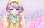  1girl :x bangs bow clover covered_mouth flower hair_ornament holding hood hydrangea looking_at_viewer n_kamui original outdoors rain raincoat red_bow silver_hair solo stuffed_animal stuffed_frog stuffed_toy swept_bangs teruterubouzu text upper_body water_drop wet_hair 