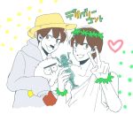  3boys brothers brown_hair choromatsu facial_hair fake_mustache grey_eyes hat head_wreath heart hijirisawa_shonosuke jyushimatsu male_focus multiple_boys mustache osomatsu-kun osomatsu-san polka_dot siblings simple_background sleeves_past_wrists smile statue straw_hat toga upper_body v white_background 