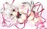  1girl animal_ears bikini breasts brown_eyes cleavage detached_sleeves fang hair_ribbon highres kamiya_tomoe large_breasts navel open_mouth original ribbon short_hair silver_hair smile solo striped striped_bikini striped_legwear striped_swimsuit swimsuit tail thigh-highs tress_ribbon wolf_ears wolf_tail wrist_cuffs 