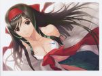  1girl absurdres arms_behind_back black_hair breasts brown_eyes cleavage from_above hair_ribbon highres jewelry kaguya_(shining_hearts) long_hair midriff necklace ribbon shining_(series) shining_hearts shining_world solo tanaka_takayuki 