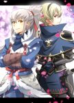  2boys blonde_hair cape fire_emblem fire_emblem_if gauntlets gloves grey_hair leon_(fire_emblem_if) long_hair multiple_boys nashiki orange_eyes petals ponytail red_eyes takumi_(fire_emblem_if) 