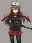  1girl armlet blush brown_gloves brown_hair buttons gloves grey_background gun hair_between_eyes hammer_and_sickle hat highres holding_gun holding_weapon long_hair looking_at_viewer original pantyhose rabochicken red_eyes red_scarf red_skirt ribbon rifle scarf simple_background skirt smile sniper_rifle solo standing trigger_discipline uniform vss_vintorez weapon 
