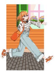  1girl :> bag blue_pants blush border brick_floor casual closed_mouth commentary_request denim headphones headphones_around_neck highres holding_strap hydrothunder jeans long_hair long_sleeves looking_at_viewer love_live! love_live!_superstar!! official_art orange_bag orange_footwear orange_hair outdoors outside_border pants pinstripe_pattern pinstripe_shirt shibuya_kanon shirt shoes shoulder_bag smile sneakers solo violet_eyes white_border white_shirt window 