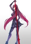  1girl ass back fate/grand_order fate_(series) gae_bolg jumpsuit long_hair nakaga_eri pantyhose pauldrons polearm red_eyes redhead scathach_(fate/grand_order) skin_tight solo spear very_long_hair weapon 