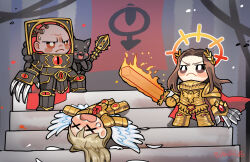  3boys angel_wings armor bald blood_angels brown_eyes brown_hair chaos_(warhammer) chibi closed_mouth emperor_of_mankind eye_of_horus flaming_sword flaming_weapon halo hashtag-only_commentary holding holding_mace holding_sword holding_weapon horus_lupercal laurel_crown mace male_focus multiple_boys open_mouth pistachii_art primarch sanguinius shoulder_armor sons_of_horus standing sword warhammer_40k weapon wings x_x 