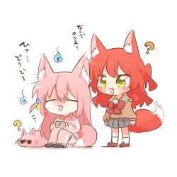  2girls ? animal_ear_fluff animal_ears arms_at_sides black_footwear bocchi_the_rock! bow bowtie brown_footwear brown_shirt chibi chibi_only closed_eyes fox_ears fox_girl fox_tail gotoh_hitori gotoh_hitori_(tsuchinoko) grey_skirt hitodama jacket kemonomimi_mode kita_ikuyo knees_up long_hair long_sleeves multiple_girls one_side_up open_clothes open_jacket own_hands_together pants pink_hair pink_jacket pink_pants pleated_skirt rebecca_(keinelove) red_bow red_bowtie red_hair shirt shoes simple_background sitting skirt smile socks standing tail white_background white_socks yellow_eyes 