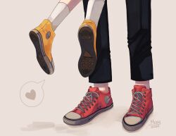  1boy 1girl black_pants commentary couple dated english_commentary feet_only flying footwear_focus heart height_difference highres implied_kiss lower_body lum moroboshi_ataru mosyart pants red_footwear shoe_soles shoes sneakers socks speech_bubble spoken_heart urusei_yatsura white_socks yellow_footwear 