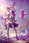  1girl alternate_costume bag blush_stickers bow bracelet butterfly candy candy_cane cane clouds hat hat_bow hat_ornament highres jewelry league_of_legends long_hair lulu_(league_of_legends) purple_hair purple_sky rabbit_(tukenitian) shoes solo standing striped striped_legwear thigh-highs witch_hat 