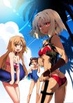  3girls 428 :d ahoge armpit_holster ass ball bandeau bare_legs bare_shoulders beach beachball bikini blue_sky blue_swimsuit bracelet breasts brown_eyes brown_hair butt_crack canaan canaan_(character) casual_one-piece_swimsuit cleavage clouds combat_knife condensation_trail dark_skin detached_sleeves gun handgun holster innertube ishida_akira jewelry jpeg_artifacts knife large_breasts long_hair looking_at_viewer looking_back multiple_girls muscle official_art one-piece_swimsuit oosawa_maria open_mouth palm_tree pendant pink_bikini pistol red_bikini red_eyes scan short_hair silver_hair sky smile string_bikini sunlight swimsuit textless thigh_strap tree weapon yunyun 