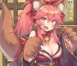  1girl :d animal_ears bare_shoulders bell bell_collar breasts caster_(fate/extra) claws cleavage collar fang fate/grand_order fate_(series) fox_ears fox_tail g.t hair_ribbon japanese_clothes jingle_bell kimono large_breasts long_hair looking_at_viewer obi open_mouth paws pink_hair ribbon sash smile solo tail tamamo_cat_(fate/grand_order) upper_body yellow_eyes 