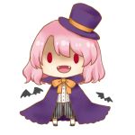  1girl bat bow cape fangs halloween halloween_costume hat lowres open_mouth pants pink_hair red_eyes rinui saigyouji_yuyuko shaded_face shoes short_hair socks solo striped striped_pants top_hat touhou transparent_background vampire_costume 