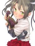  1girl :t baffu blush brown_hair commentary_request food green_hair highres holding_bag kantai_collection looking_at_viewer muneate rigging solo sweet_potato yellow_eyes zuikaku_(kantai_collection) 