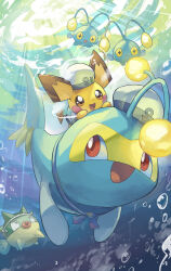  +_+ :d air_bubble animal_focus blue_neckerchief brown_eyes bubble chinchou closed_mouth clothed_pokemon fish glowing hat headband highres lanturn light_rays neckerchief no_humans open_mouth pichu pokemon pokemon_(creature) qwilfish red_eyes riding riding_pokemon sailor_hat shirt smile sunbeam sunlight swimming underwater white_hat white_shirt yamaori_(hakkentai_pokedan) 