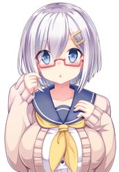  1girl bespectacled blue_eyes breasts cardigan glasses hair_ornament hair_over_one_eye hairclip hamakaze_(kantai_collection) kantai_collection school_uniform serafuku short_hair silver_hair yuzu-aki 