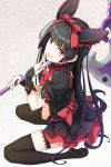  1girl black_hair blush fukukitaru gate_-_jieitai_ka_no_chi_nite_kaku_tatakaeri gothic_lolita highres lolita_fashion long_hair looking_at_viewer rory_mercury scythe sitting skirt solo thigh-highs wariza weapon zettai_ryouiki 