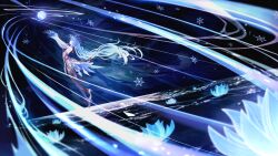  1girl absurdres bare_shoulders blue_hair bodystocking chinese_knot detached_sleeves dress flower full_body ganyu_(genshin_impact) genshin_impact gloves high_heels highres horns long_hair lotus masukudo_(hamamoto_hikaru) short_dress snowflakes solo vision_(genshin_impact) 