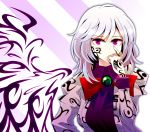  1girl bow breasts brooch covering_mouth dress expressionless facial_mark finger_to_eye hand_over_own_mouth jacket jewelry kaboom kishin_sagume long_sleeves looking_at_viewer markings purple_background purple_dress short_hair silver_hair single_wing solo striped striped_background touhou upper_body violet_eyes white_background wings 