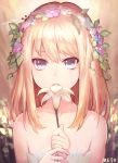  1girl artist_name bangs bare_arms bare_shoulders blonde_hair blue_eyes close-up dress flower holding holding_flower looking_at_viewer meto31 original parted_lips plant solo strapless_dress upper_body white_dress 
