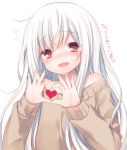  1girl blush heart heart_hands kasu_(return) long_hair open_mouth red_eyes silver_hair smile solo sweater translation_request 