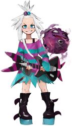  1girl bad_id bad_tumblr_id bare_shoulders bass_guitar black_footwear blue_eyes blue_nails boots bra_strap dress fingernails flat_chest forehead freckles full_body grin guitar hair_bobbles hair_ornament highres holding holding_guitar holding_instrument horizontal-striped_dress instrument knee_boots koffing long_sleeves medium_hair nail_polish platform_boots platform_footwear pokemon pokemon_(creature) pokemon_bw2 raichiyo roxie_(pokemon) simple_background smile striped_clothes striped_dress teeth topknot v-shaped_eyebrows white_background white_hair 