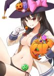  1girl black_hair black_panties breasts candy cleavage gloves hair_ribbon halloween hat isokaze_(kantai_collection) kantai_collection lollipop long_hair looking_at_viewer note_(aoiro_clip) open_clothes open_shirt panties pumpkin red_eyes ribbon school_uniform serafuku shirt single_thighhigh skirt smile solo thigh-highs underwear witch_hat 