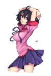  1girl arm_on_head arms_up black_hair breasts hair_ornament hairclip hanekawa_tsubasa kiririn51 large_breasts looking_at_viewer monogatari_(series) owarimonogatari ribbon school_uniform short_hair signature skirt smile solo tagme thighs violet_eyes white_background 