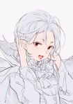  albino androgynous blood blood_in_mouth cape fangs frills grey_hair hands_on_own_head kaze-hime long_sleeves looking_at_viewer open_mouth original pointy_ears shirt short_hair sketch solo teeth upper_body vampire white_shirt 
