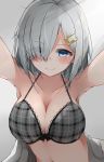  1girl arms_up black_bow blush bow bra breasts cleavage closed_mouth cole collarbone eyebrows eyebrows_visible_through_hair eyes_visible_through_hair grey_background hair_ornament hair_over_one_eye hairclip hamakaze_(kantai_collection) kantai_collection lace-trimmed_bra large_breasts looking_at_viewer messy_hair plaid plaid_bra short_hair silver_hair smile solo underwear upper_body 