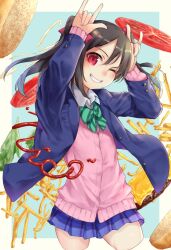  1girl \m/ black_hair blazer blue_jacket blue_skirt blush bow bun_(food) burger cardigan collared_shirt cropped_legs food french_fries green_bow grin hair_bow hamburger_steak highres jacket ketchup lettuce long_hair long_sleeves looking_at_viewer love_live! love_live!_school_idol_project nico_nico_nii one_eye_closed otonokizaka_school_uniform pink_cardigan plaid_clothes plaid_skirt pleated_skirt red_eyes school_uniform shirt skirt smile solo striped_bow tomato tomato_slice twintails winter_uniform yazawa_nico yuurei447 