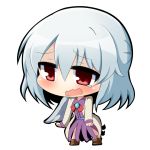  1girl bow bowtie chibi dress jacket kishin_sagume long_sleeves open_clothes open_mouth purple_dress red_eyes shirt short_hair silver_hair single_wing solo tears touhou twumi wings 