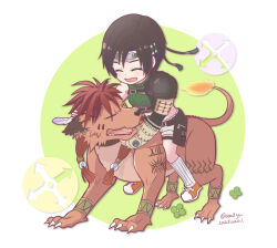  1boy 1girl asami_yutori bracelet brown_hair closed_eyes commentary_request dated deformed facing_another final_fantasy final_fantasy_vii final_fantasy_vii_rebirth final_fantasy_vii_remake flame-tipped_tail full_body green_sweater headband jewelry open_mouth orange_footwear orange_fur red_hair red_xiii ribbed_sweater short_hair shorts single_shoulder_pad sitting sleeveless sleeveless_turtleneck smile socks sweater turtleneck turtleneck_sweater twitter_username white_socks yuffie_kisaragi 