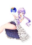 1girl ahoge as_(27273212) bare_arms bare_legs belt collarbone dress earth_(ornament) floating frilled_dress frills globe hair_tubes hand_on_own_chest light_smile looking_at_viewer low_twintails purple_hair short_hair short_sleeves simple_background transparent_background twintails violet_eyes vocaloid voiceroid white_dress yuzuki_yukari 