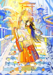  1girl absurdres animal bell black_hair blue_socks brown_kimono buchi_(qooo003) bug butterfly closed_eyes commentary_request facing_viewer flower hakama hakama_skirt highres holding japanese_clothes jingle_bell kagura_suzu kimono long_hair long_sleeves mountain orange_flower orange_footwear original red_flower red_hakama sandals shikigami skirt smile snow socks solo spring_(season) stairs stone_lantern stone_stairs sunlight tabi very_long_hair white_flower wide_sleeves winter yellow_flower zouri 