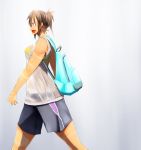  1girl backpack bag bra breasts cowboy_shot fang large_breasts onibi_(foxhound4185) original patchwork_girl_(onibi) see-through shorts side_ponytail sideways_mouth solo tank_top underwear violet_eyes walking wet wet_clothes yellow_bra 