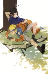  15506450035 2boys absurdres arm_behind_head black_eyes black_footwear black_hair blonde_hair blue_eyes blue_footwear blue_headband blue_shirt facial_mark full_body grass grin handheld_game_console headband high_collar highres holding holding_handheld_game_console holding_phone jacket jumpsuit kunai lying male_focus mouth_hold multiple_boys naruto naruto_(series) on_stomach orange_jacket orange_jumpsuit orange_pants pants parted_bangs phone scroll shirt short_hair shorts shuriken sitting smile spiky_hair stalk_in_mouth teeth toeless_footwear tree uchiha_sasuke under_tree uzumaki_naruto weapon whisker_markings white_background white_shorts 