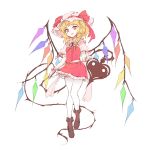  1girl blonde_hair boots cross-laced_footwear crystal flandre_scarlet flat_color full_body hat hat_ribbon lace-up_boots laevatein looking_at_viewer minust mob_cap open_mouth pointy_ears puffy_sleeves red_eyes ribbon shirt short_hair short_sleeves side_ponytail simple_background skirt skirt_set smile solo touhou vest white_background white_legwear wings wrist_cuffs 