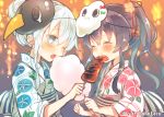  2girls akatsuki_(kantai_collection) alternate_costume clenched_hand closed_eyes commentary_request cotton_candy eating failure_penguin feeding flower grey_eyes hair_bun hair_flower hair_ornament hibiki_(kantai_collection) japanese_clothes kantai_collection kimono mask mask_on_head miss_cloud multiple_girls one_eye_closed ponytail purple_hair squid suzuho_hotaru twitter_username white_hair yukata 